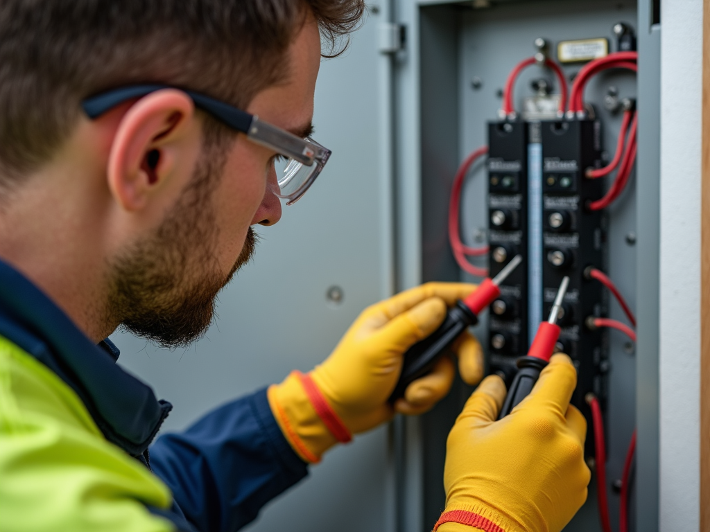 A person safely working on an electrical project with the power turned off and proper safety gear.