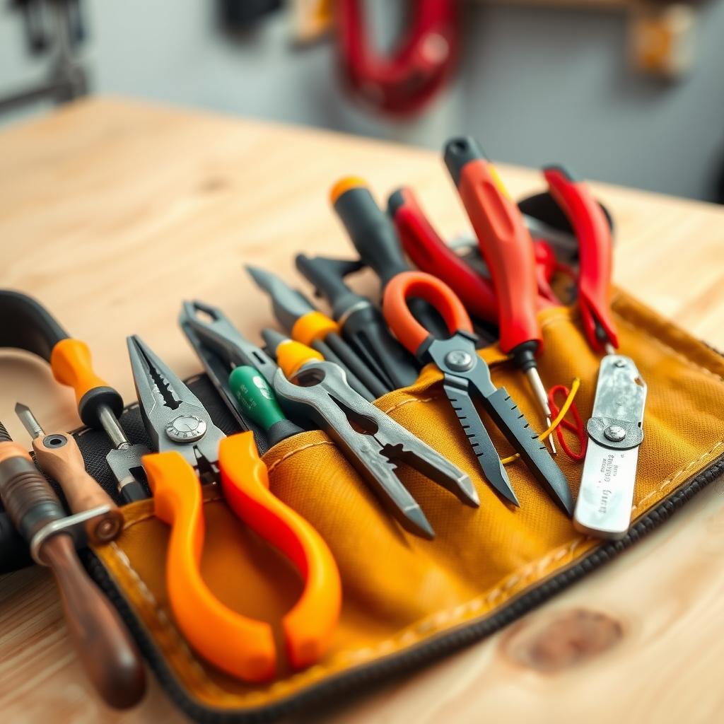 Organized electrician’s tool belt with screwdrivers, pliers, wire strippers, and utility knife on a workbench.