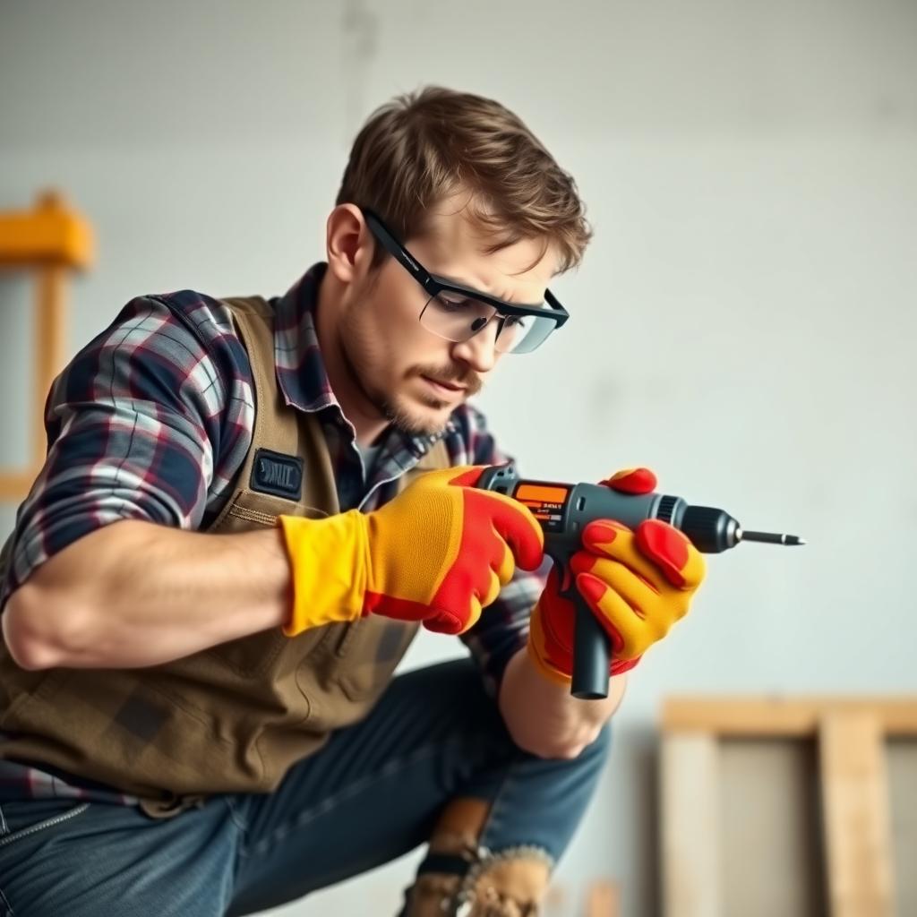 Workman using a power drill with safety gear.