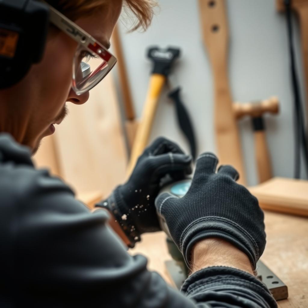 Safety First: A woodworker wearing protective gear while using a power tool.