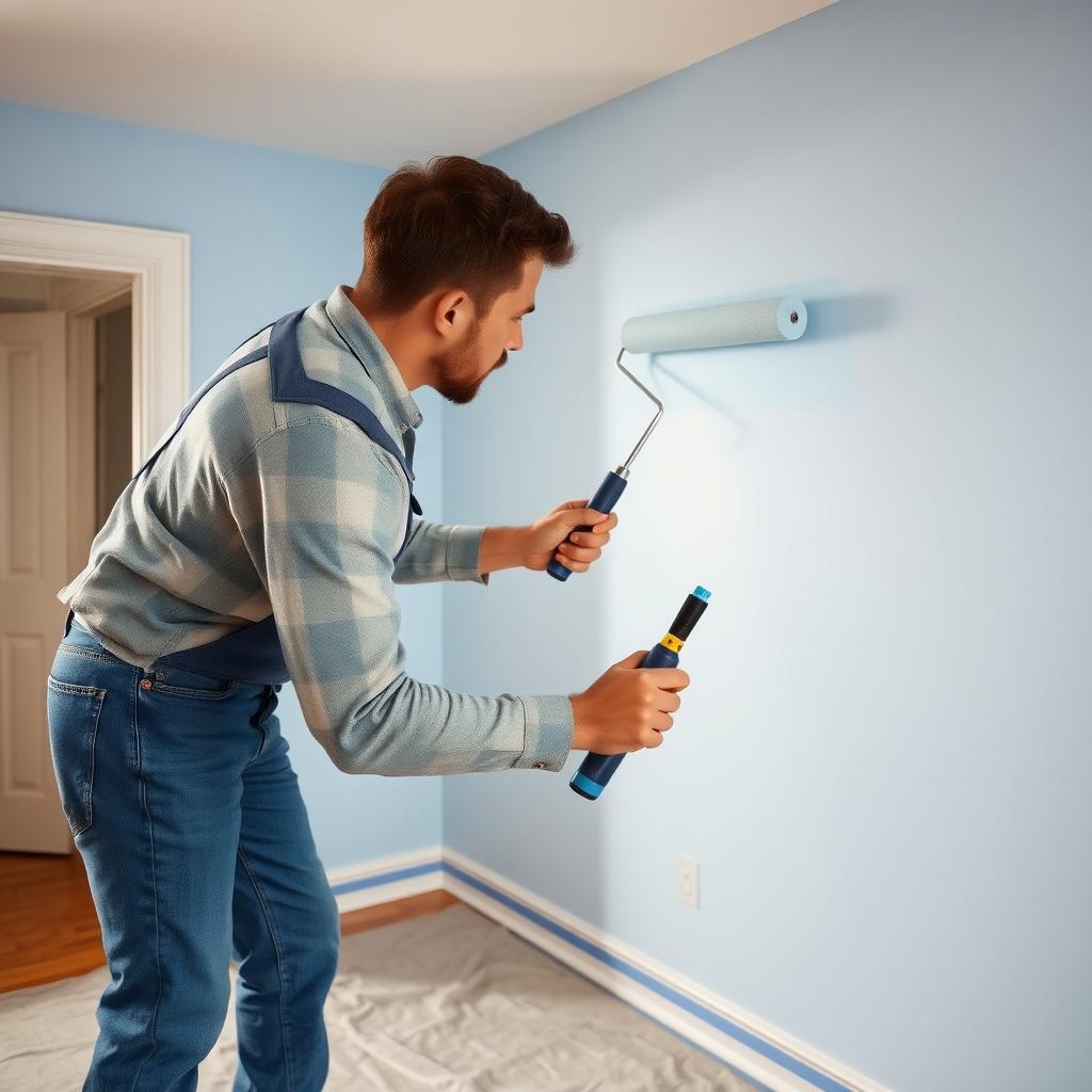 A person painting a bedroom wall blue with a roller, using painter’s tape and a drop cloth for a clean finish.