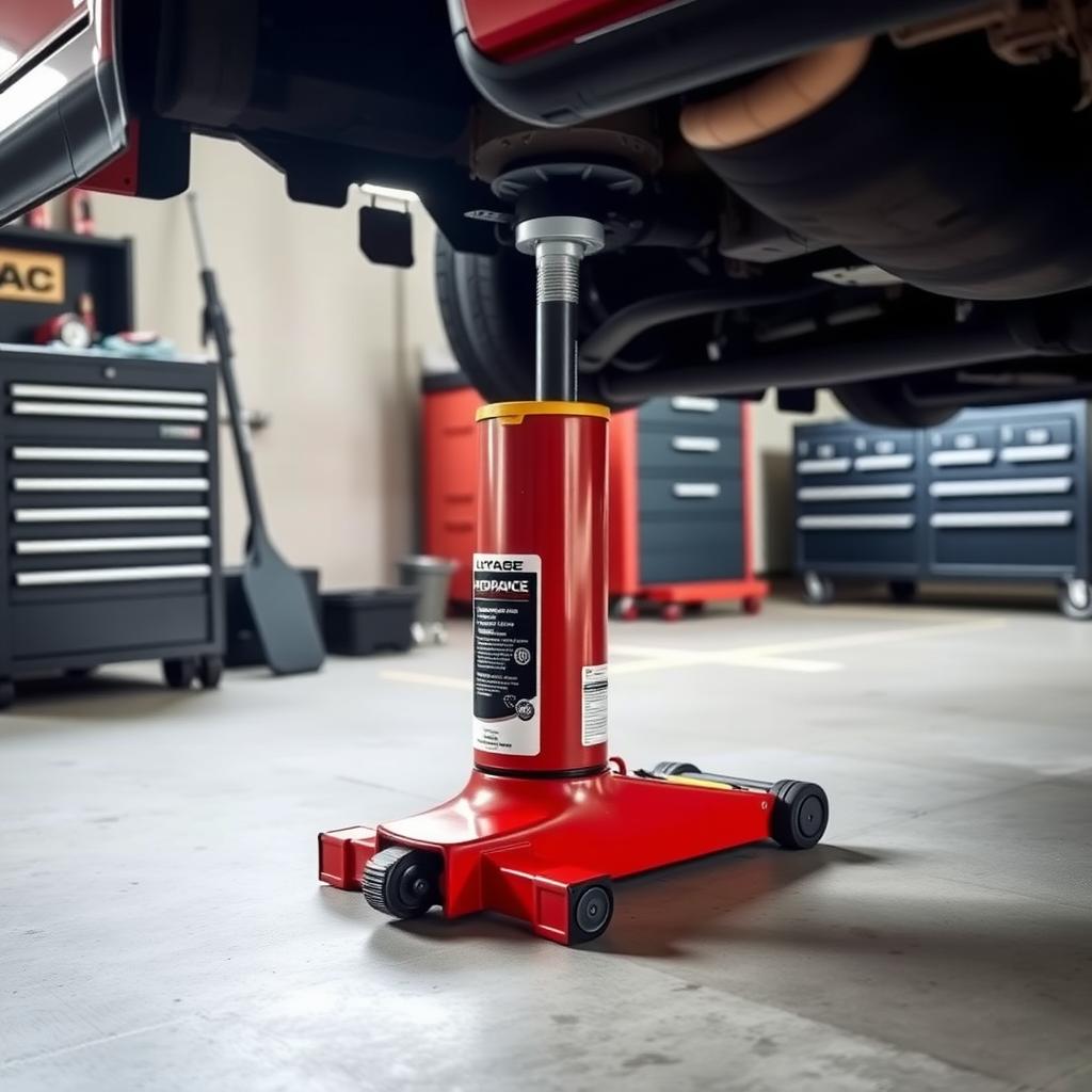 A hydraulic floor jack and jack stands supporting a car in a garage, with a toolbox visible in the background.