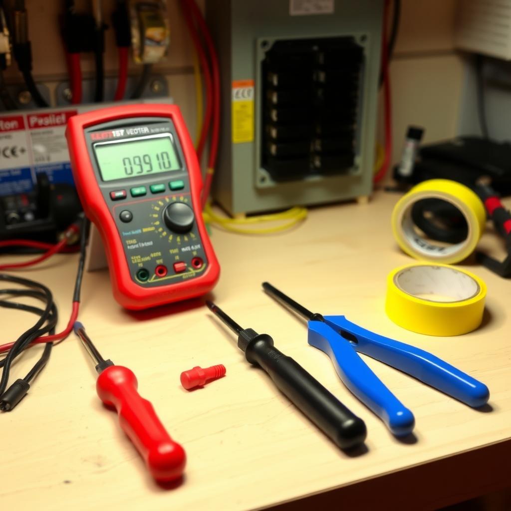 Workbench with electrical tools and a circuit breaker panel.