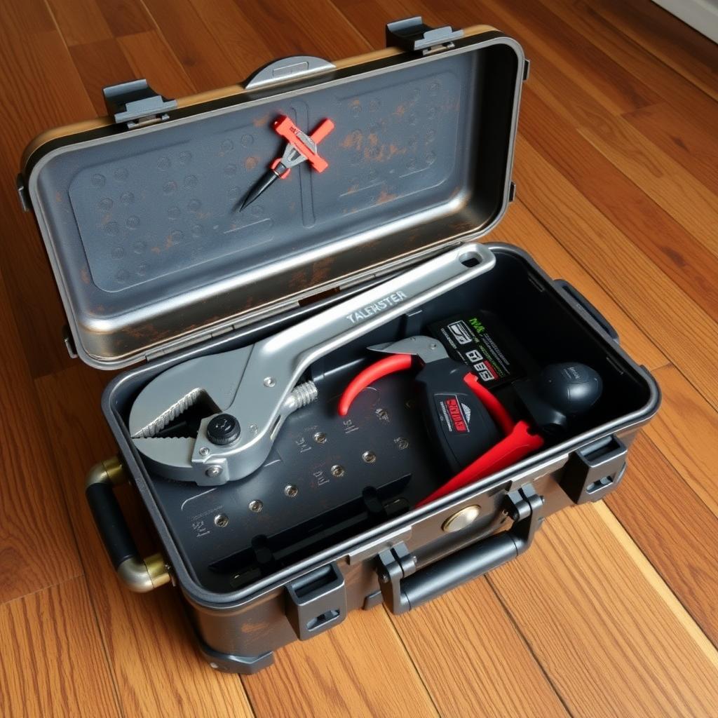 An open toolbox showing essential plumbing tools for home repairs.