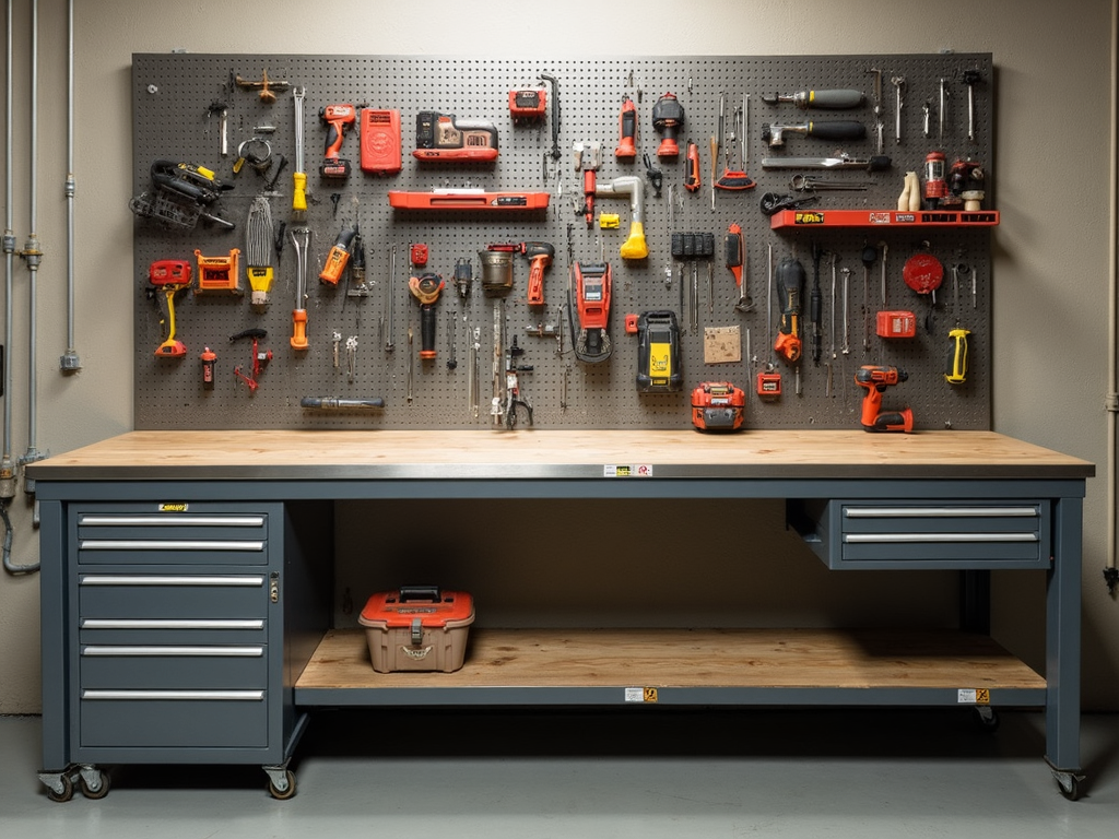 Organized metal workbench with tools on pegboard