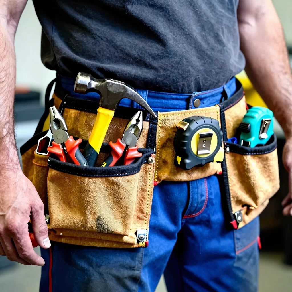 Close-up of durable tool belt with customizable pockets holding tools