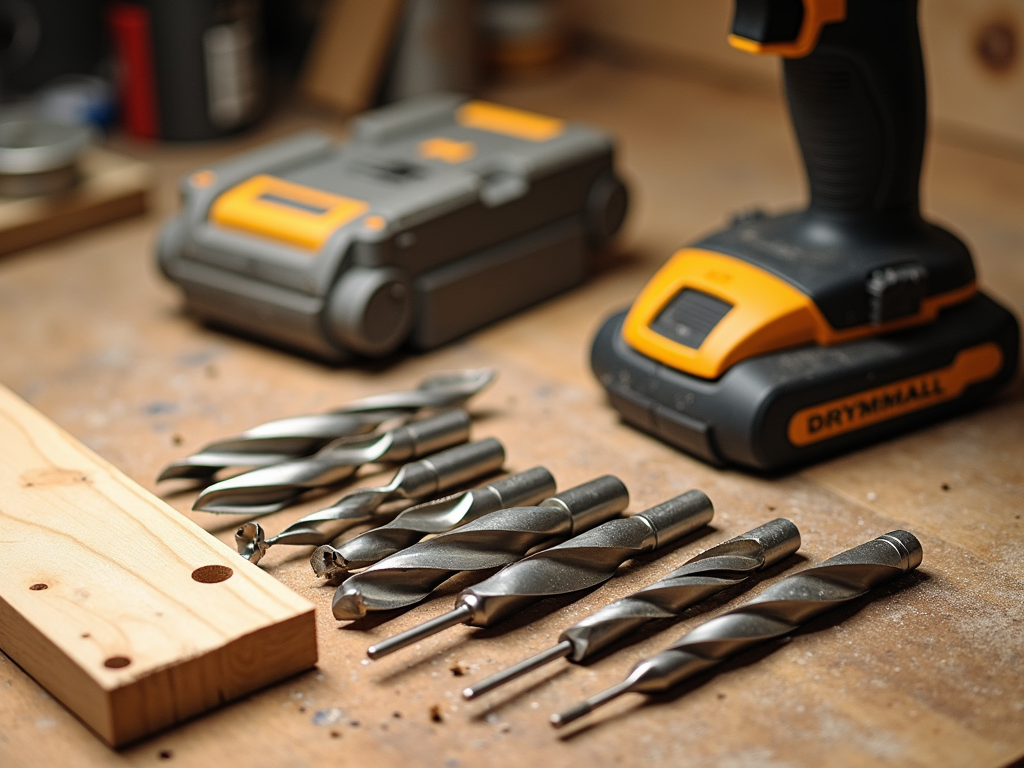 Drill bits and scrap wood on workbench
