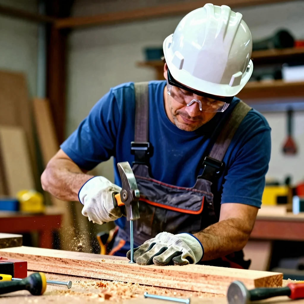 Carpenter wearing full PPE using a hammer safely in a workshop