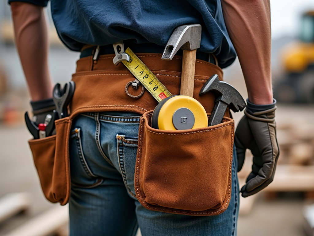 Tool belt packed with workman tools for construction tasks.
