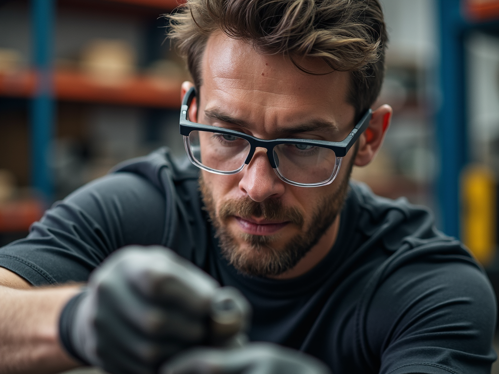 A person safely using a wrench with proper eye protection.