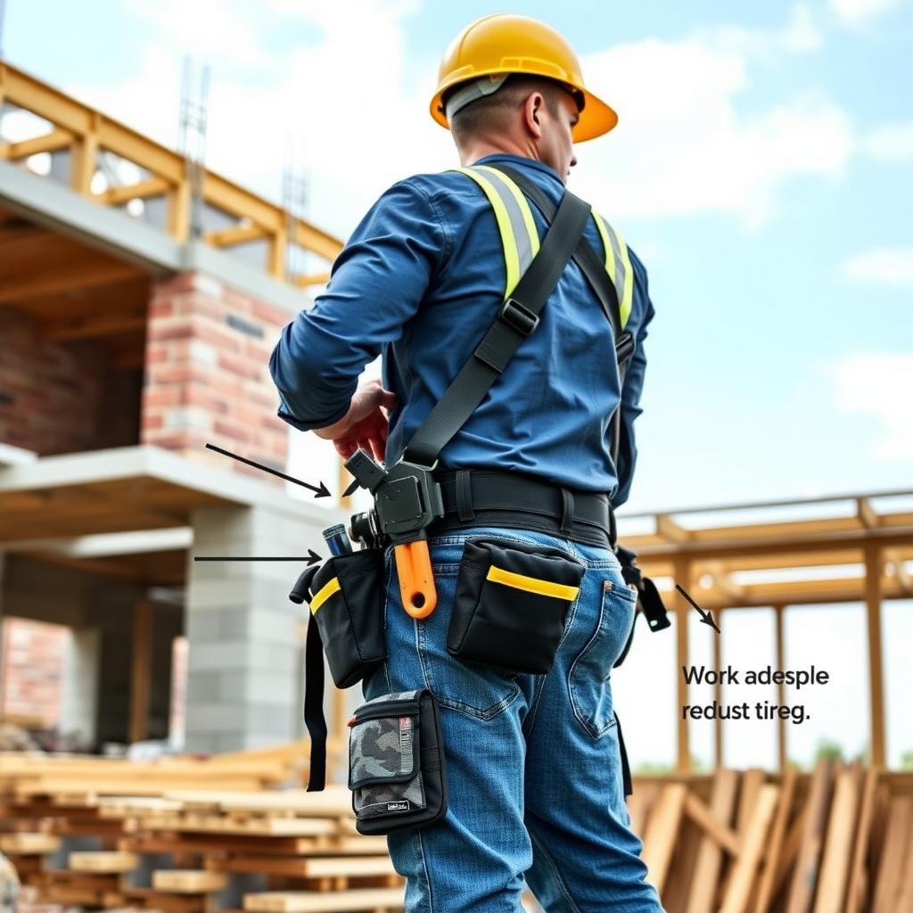 Construction worker wearing an ergonomic tool belt on a scaffold at a job site.