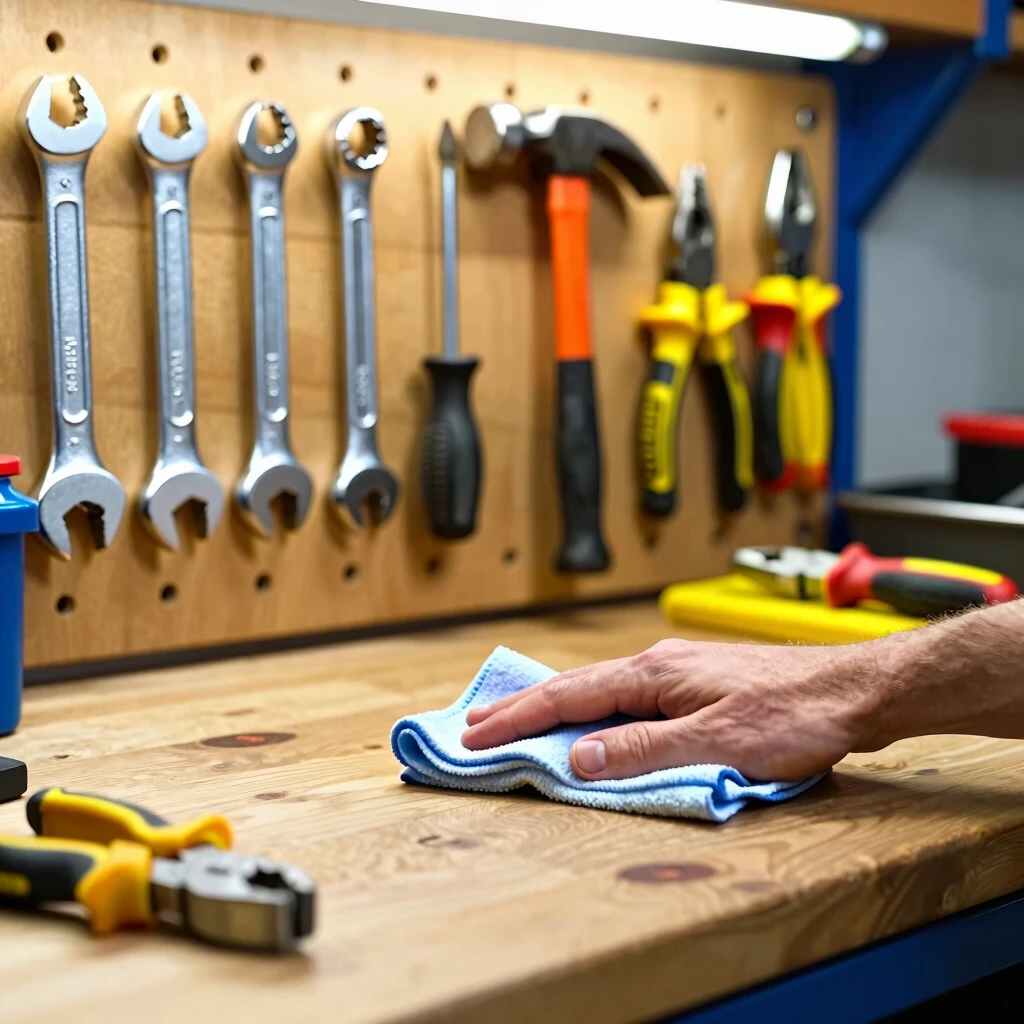 Clean and organized workbench with neatly arranged hand tools being cleaned