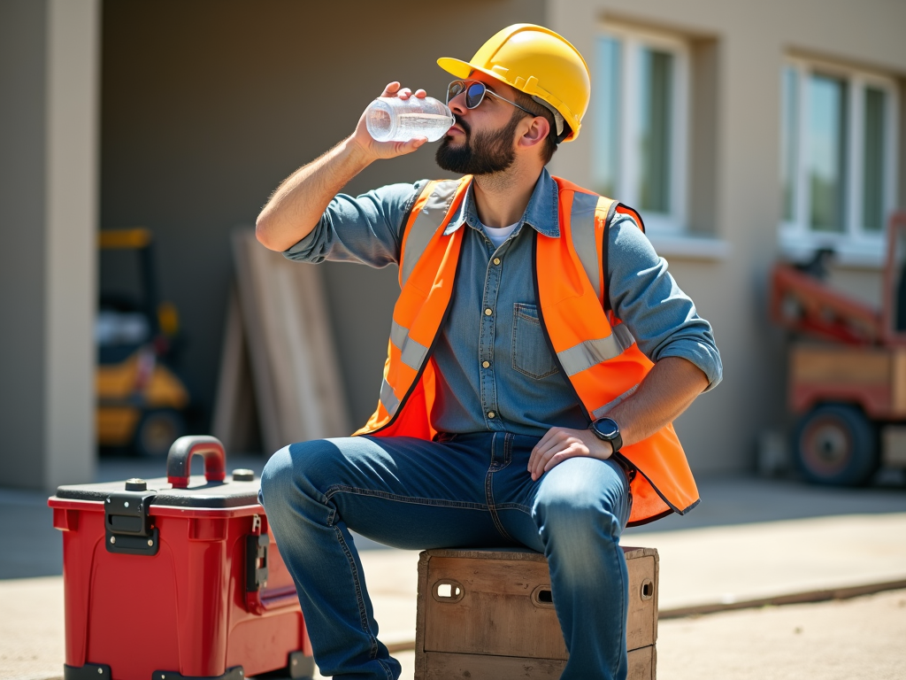 A tradesperson hydrating during a break