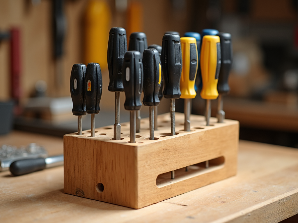 Wooden screwdriver holder with tips down on a workshop counter