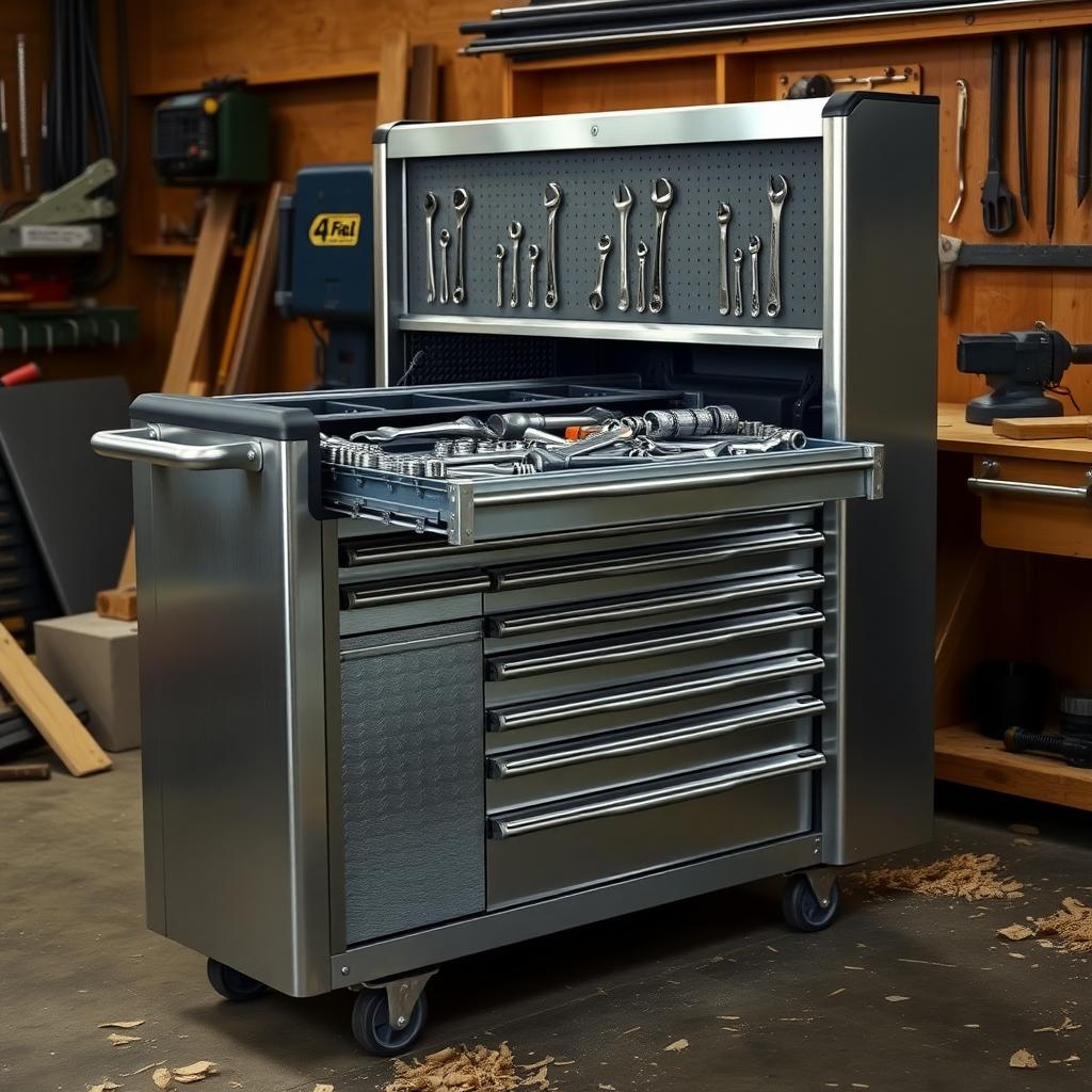 Silver rolling tool cabinet with open drawer showing wrenches in a workshop.