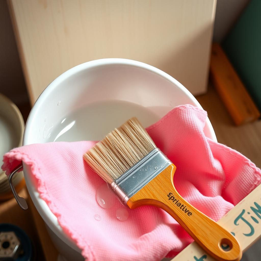 Clean synthetic paintbrush on a rag next to a bucket of soapy water.