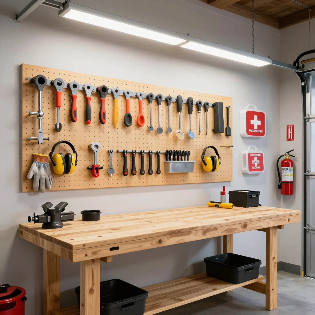 Clean and organized home DIY workshop with safety gear visible