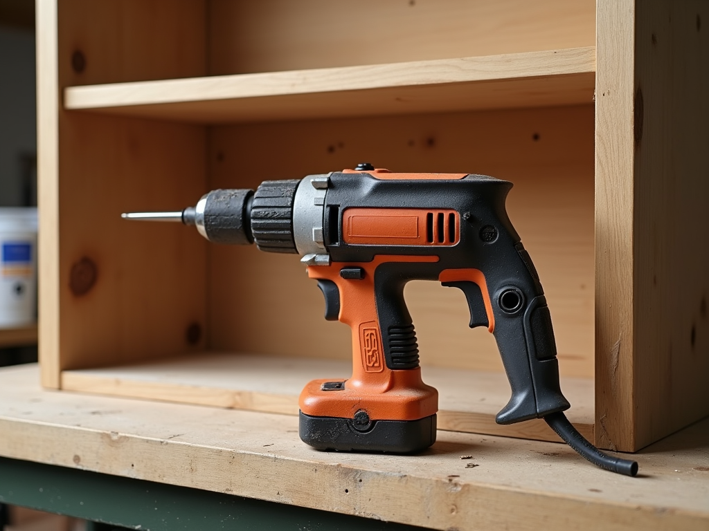 Personal DIY memory: a vintage Black & Decker drill and a handmade bookshelf.