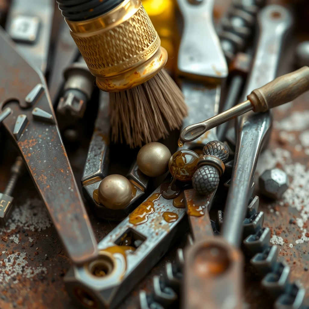 Cleaning rusty hand tools with wire brush and oil application