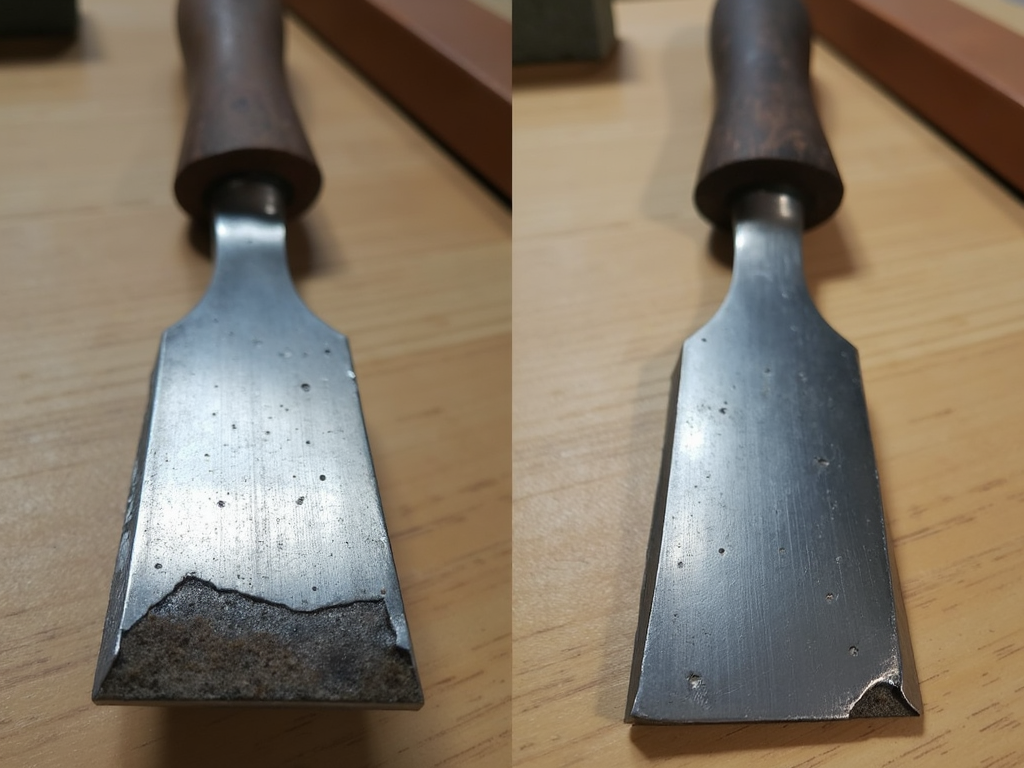 Before and after of a sharpened chisel