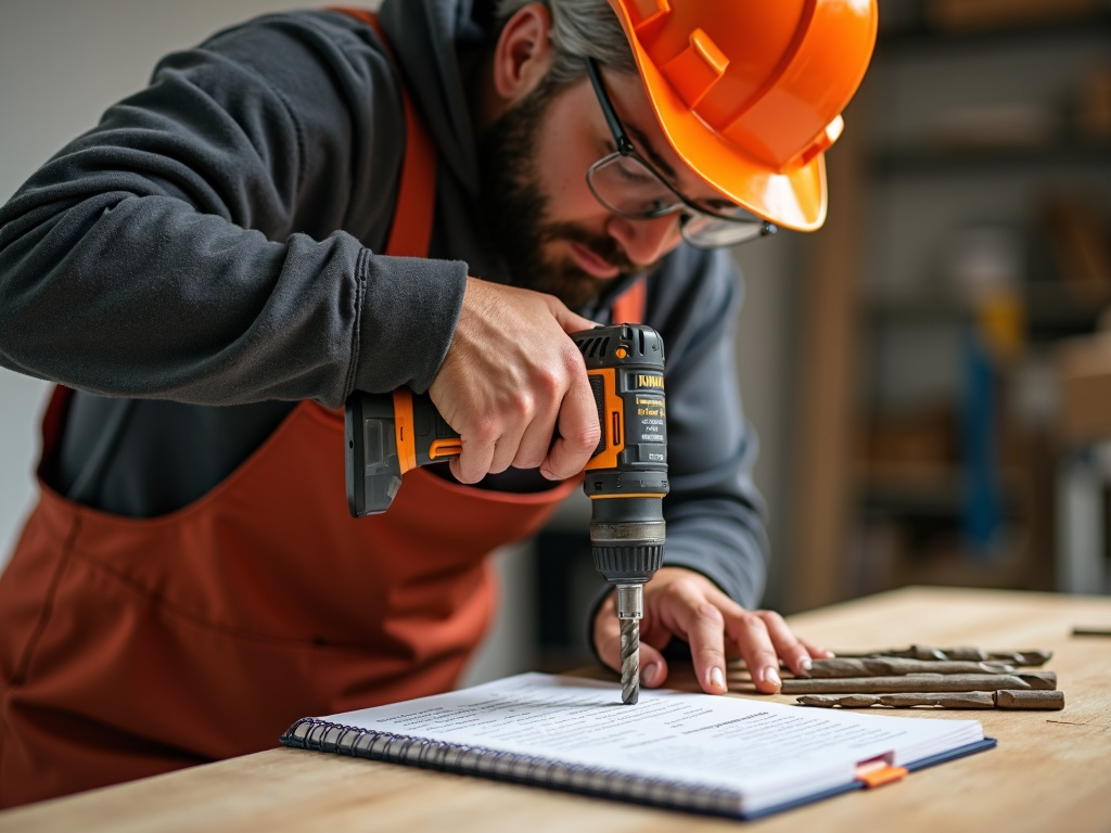 Safe use of a power drill with proper gear and accessories.