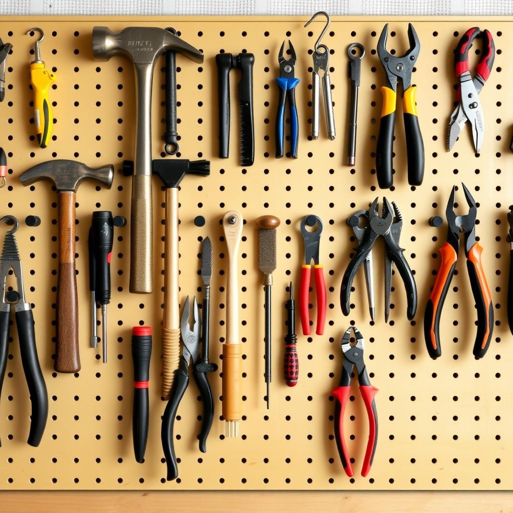 A neatly organized pegboard displaying a variety of hand tools in a workshop.