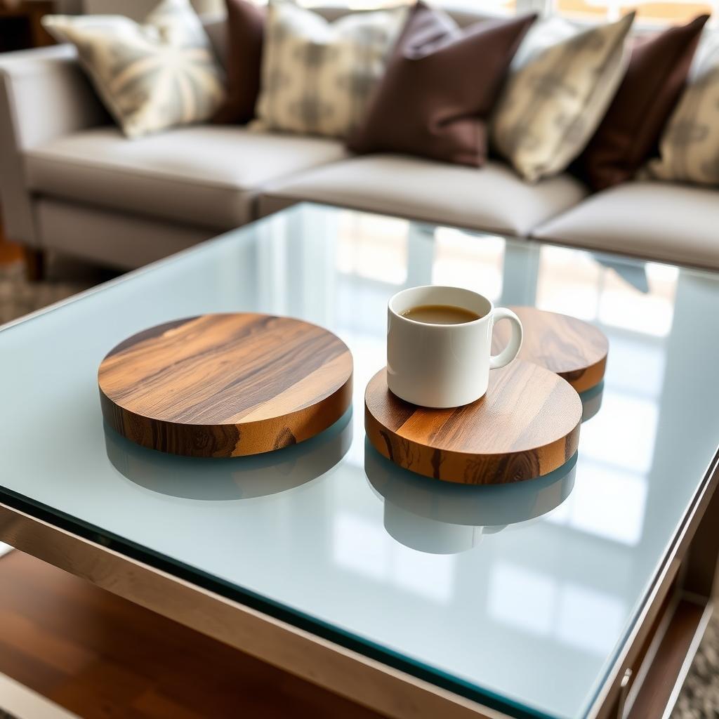 Handmade wooden coasters on a glass coffee table, one holding a coffee mug in a stylish living room.