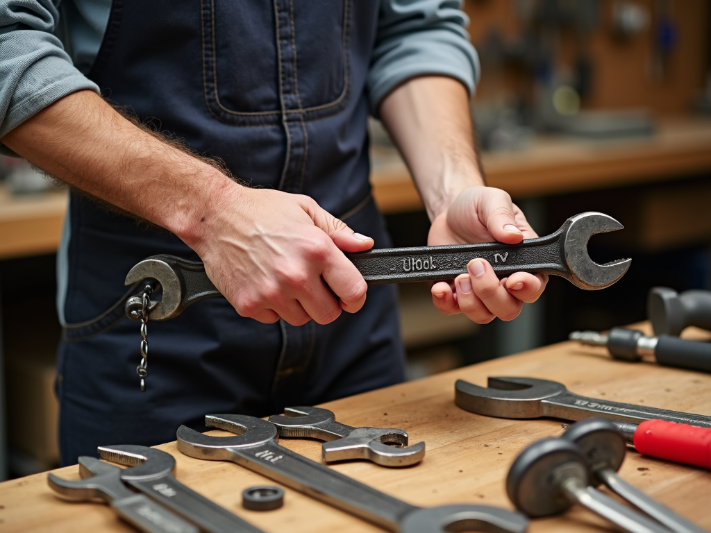 Person demonstrating safe wrench usage in a workshop