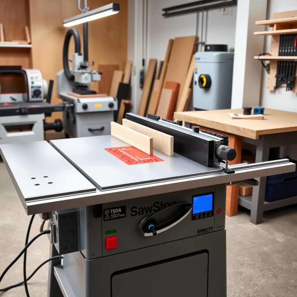 Modern woodworking workshop with a SawStop table saw and smart tools.
