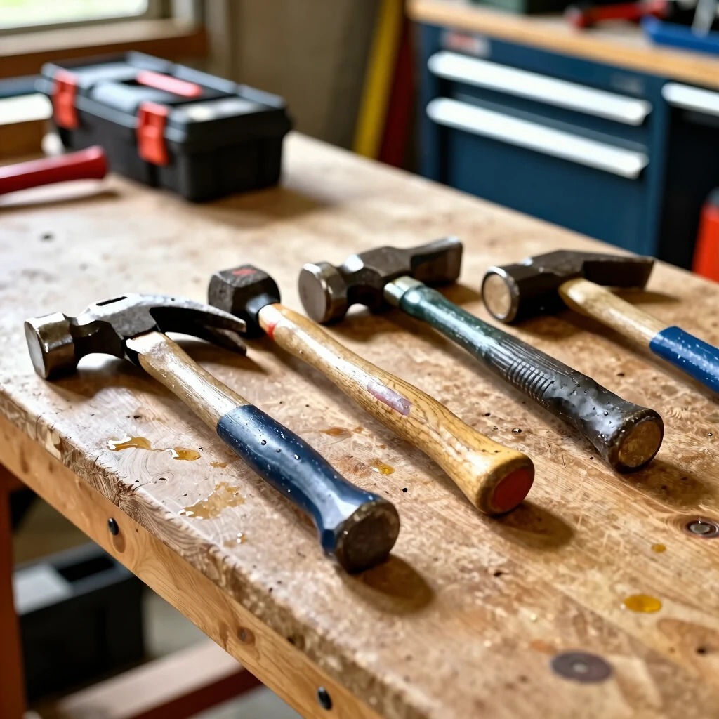 Assortment of well-maintained hammers displayed on a workbench