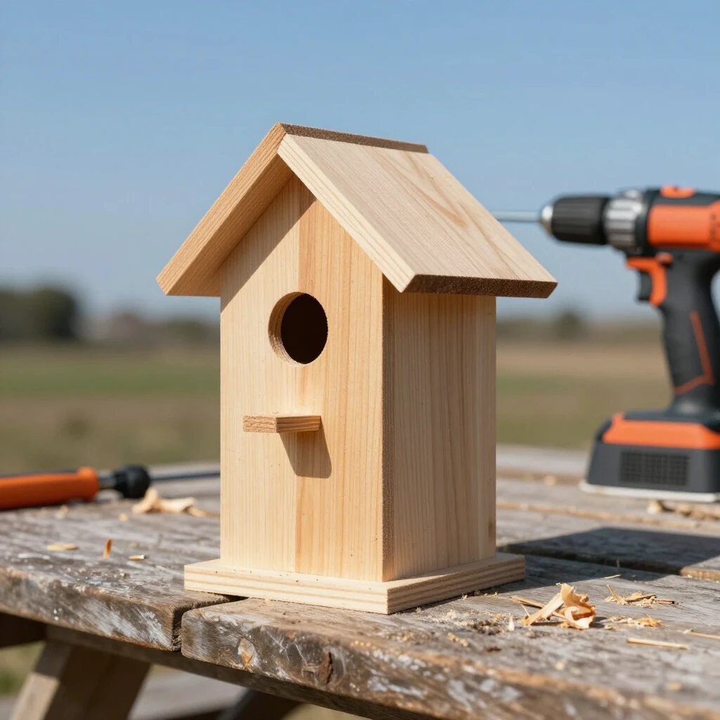 Finished beginner woodworking project: a handcrafted birdhouse