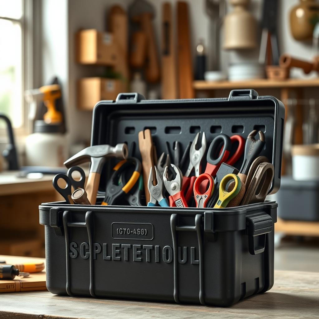 Black toolbox with neatly arranged hand tools in a workshop.