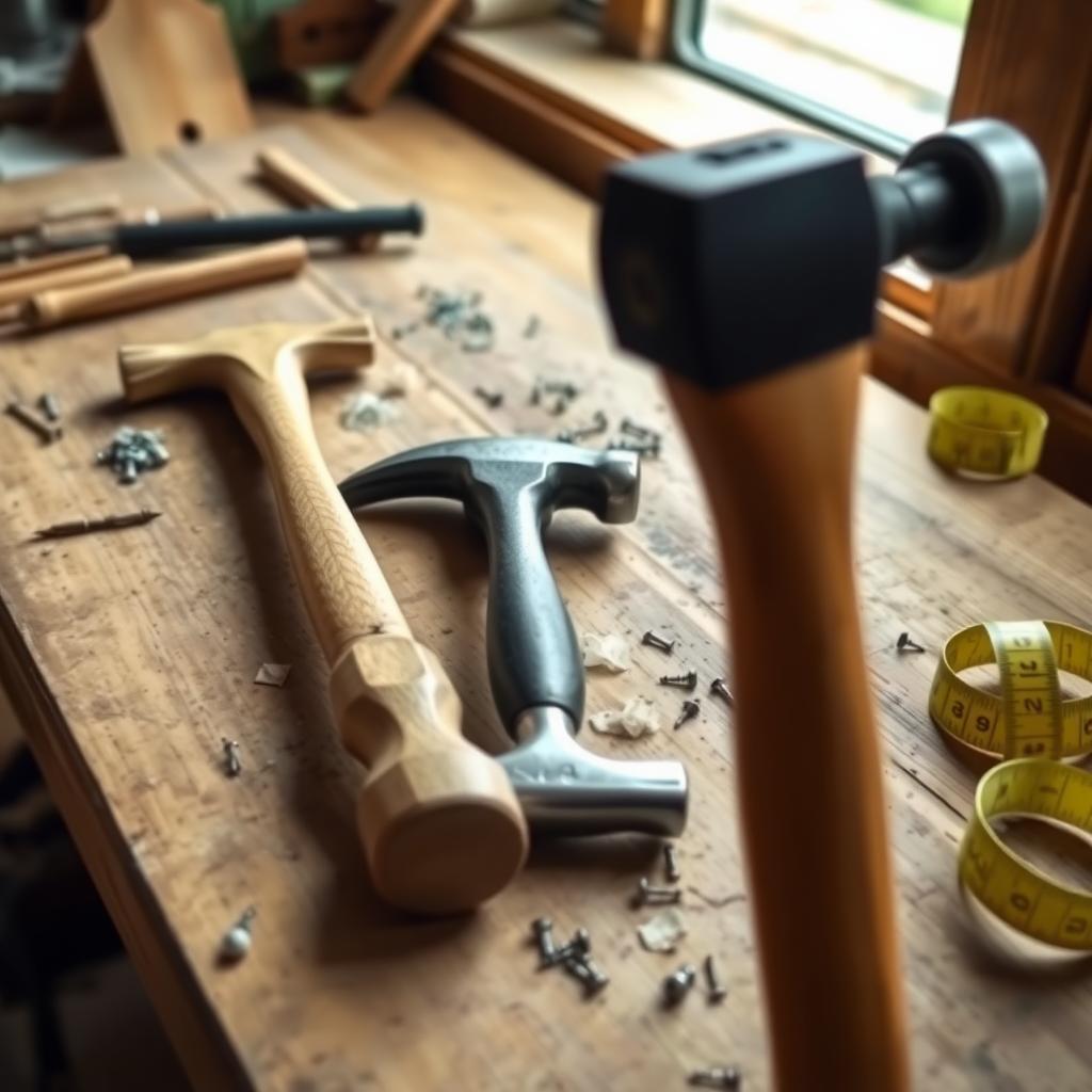 Assorted hammers on a craftsman’s workbench with nails and a measuring tape