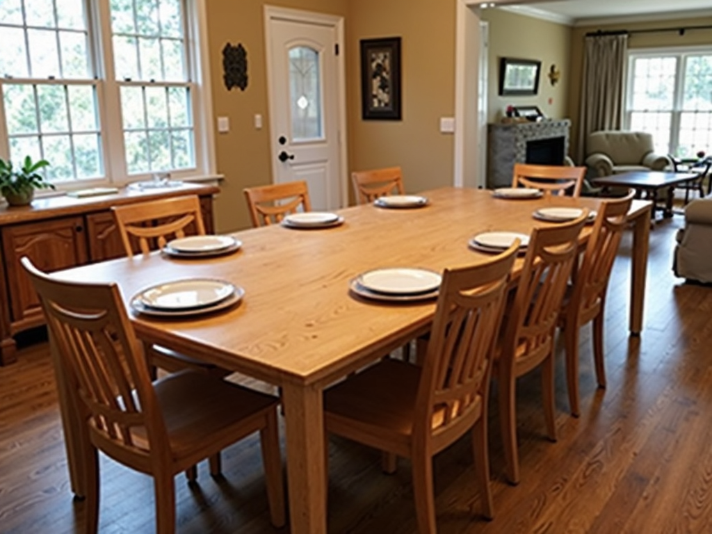 A handmade wooden dining table set for a meal.