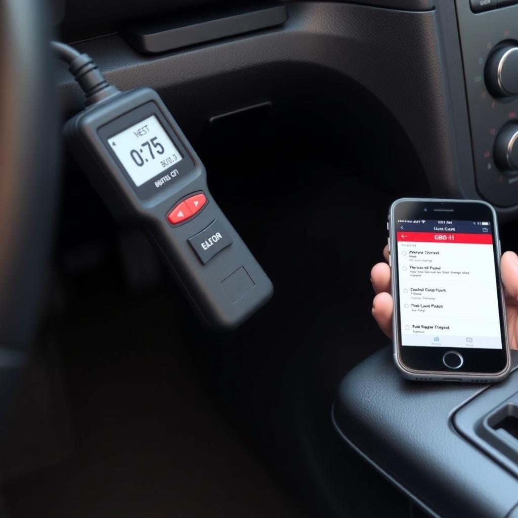 Diagnostic scanner plugged into a car’s OBD-II port with a smartphone showing error codes.