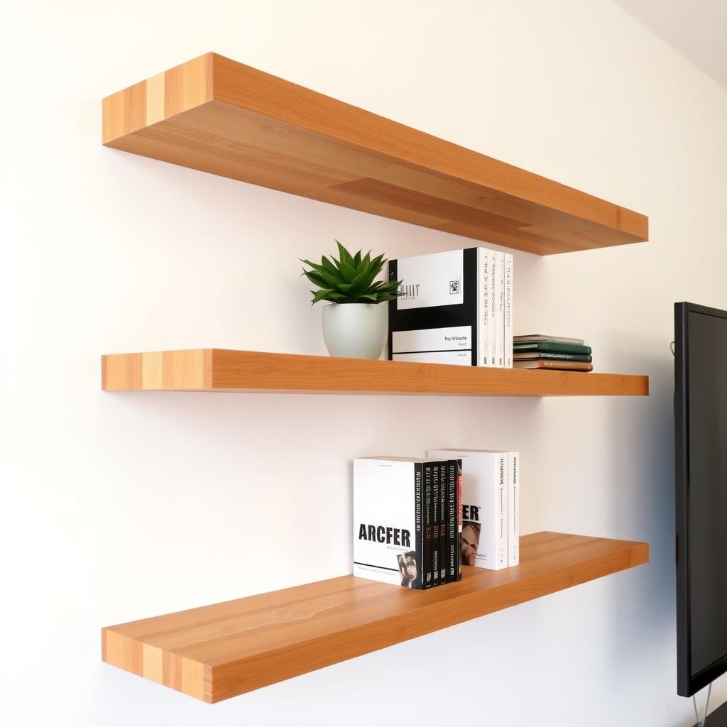 Finished wooden wall shelf with books and a plant