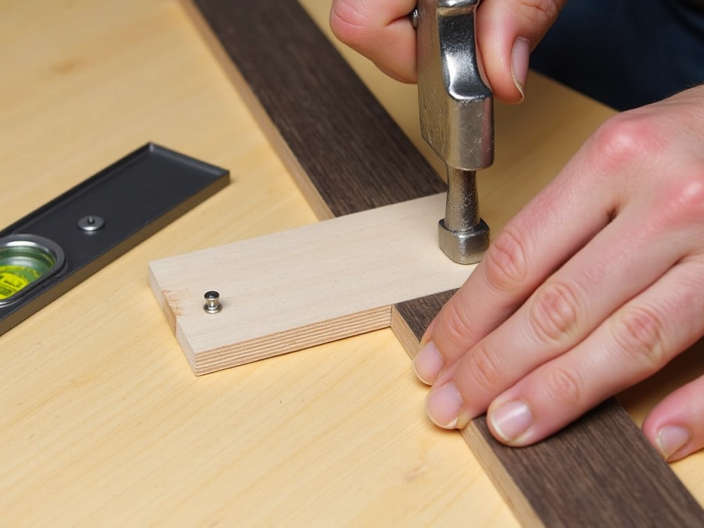 DIY newbie assembling a picture frame with a hammer and level