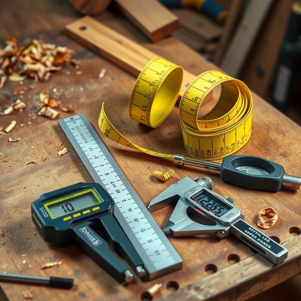 Collection of beginner measuring tools on a workbench