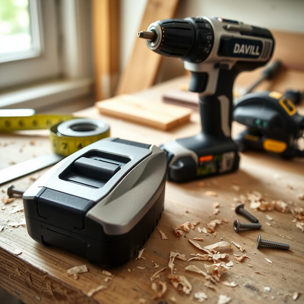 A cordless drill on a wooden workbench with tools and wood shavings