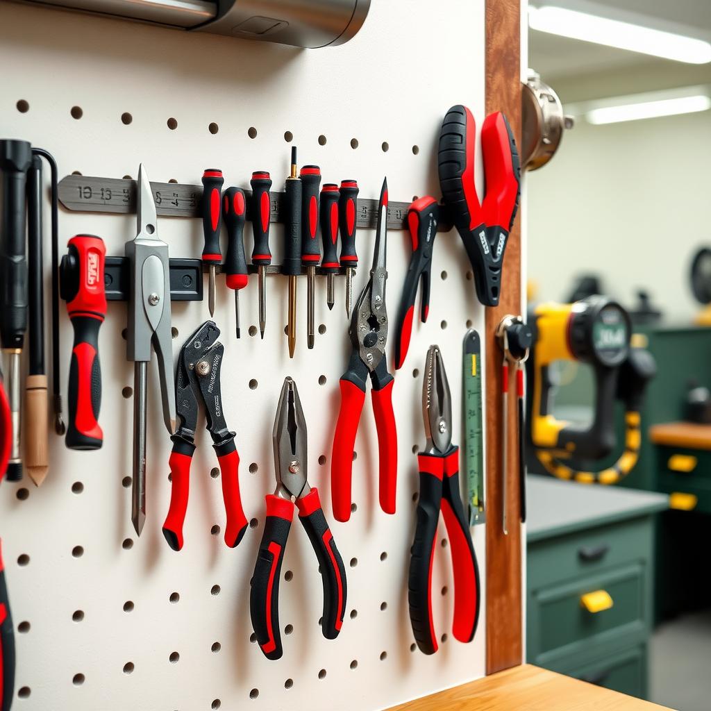 Magnetic tool holder with ergonomic hand tools on a workshop wall.