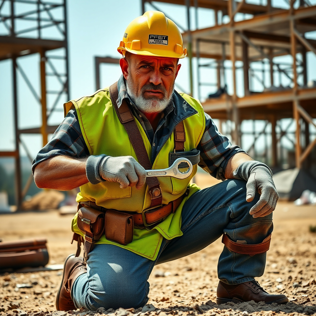 Construction worker selecting a wrench from his tool belt on a busy job site