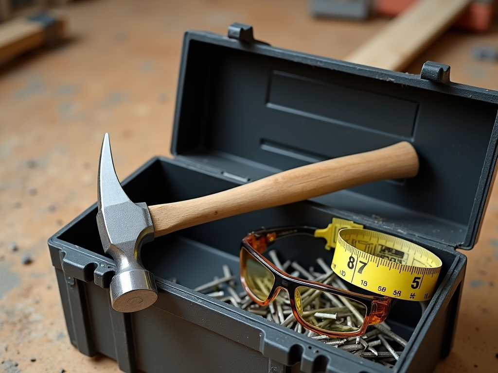 Hammer in a toolbox with essential gear.