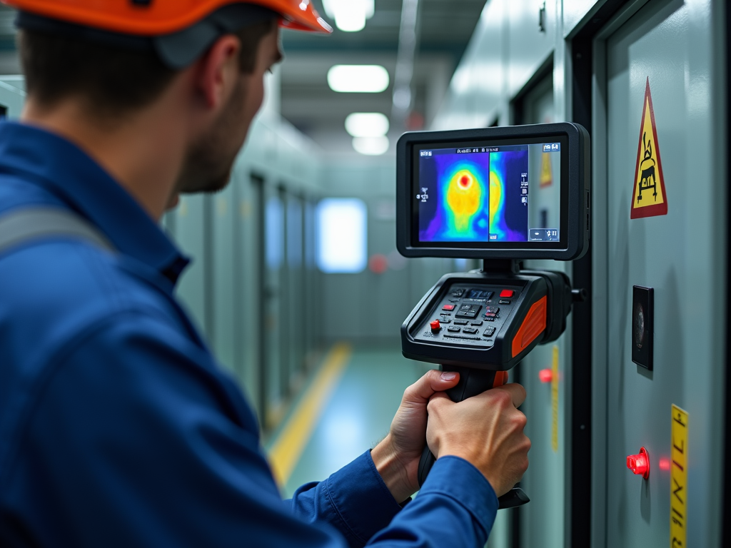 Technician using thermal imaging on electrical panel