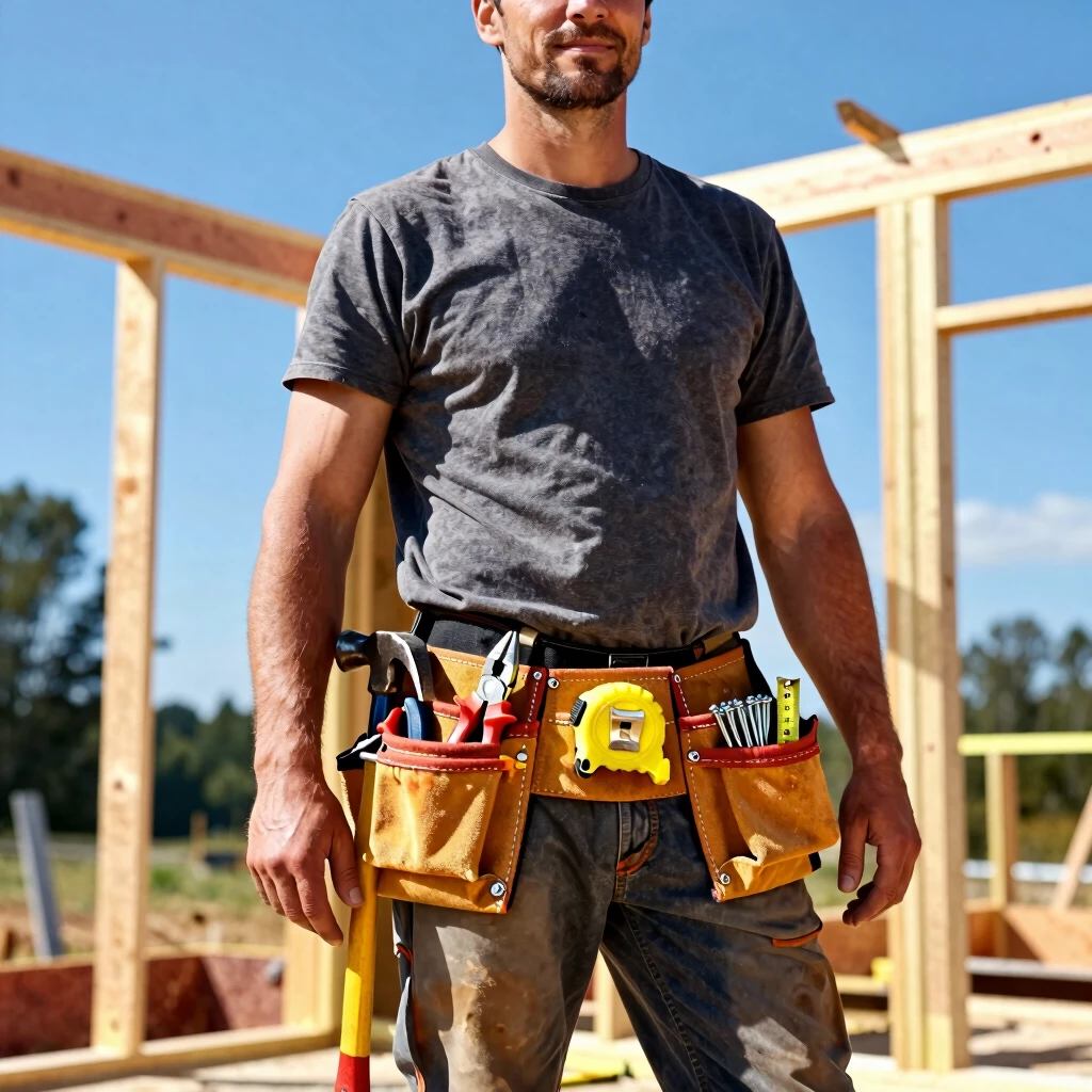 Carpenter equipped with a customizable tool belt on a construction site