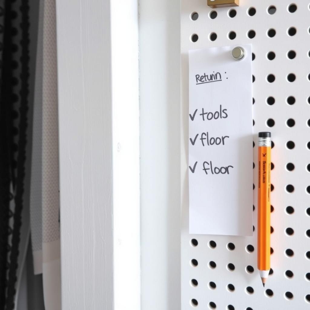 Wall-mounted checklist for maintaining workshop organization.