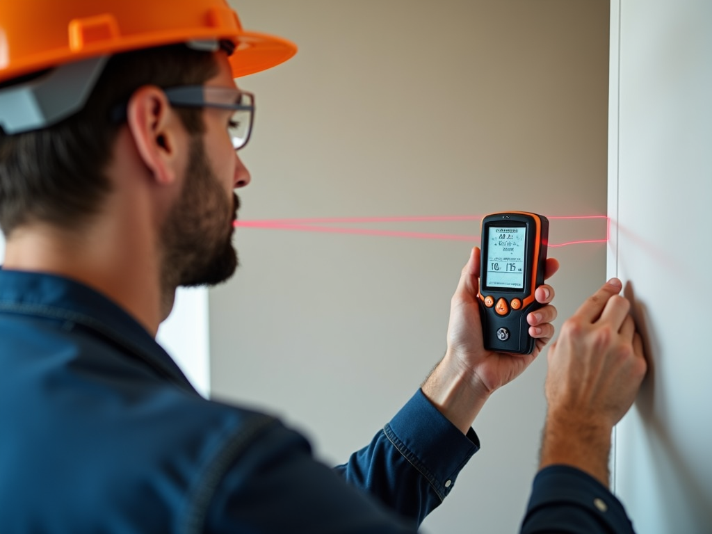 Electrician using a laser distance measurer