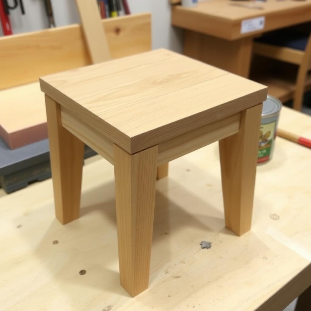 A completed beginner woodworking project: a sturdy wooden stool.