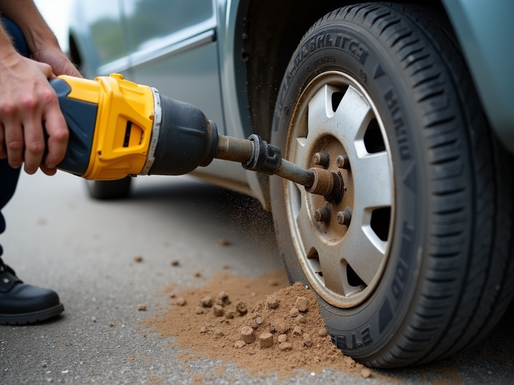 Impact wrench removing lug nuts from a car wheel