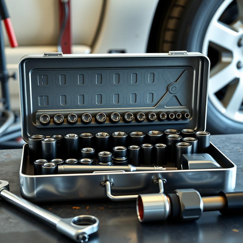 Mechanic’s socket set in an organized metal case on a workbench.