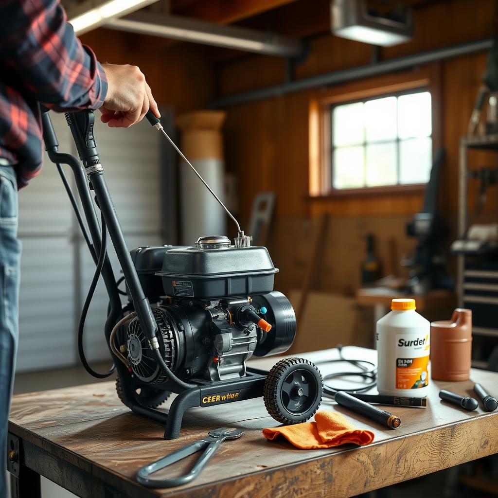 Person checking the oil level of a gas-powered power washer in a garage.